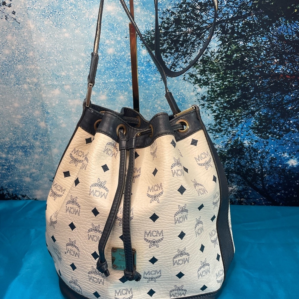 MCM White and Blue Monogram Drawstring Bucket Shoulder Bag - Picture 14 of 14